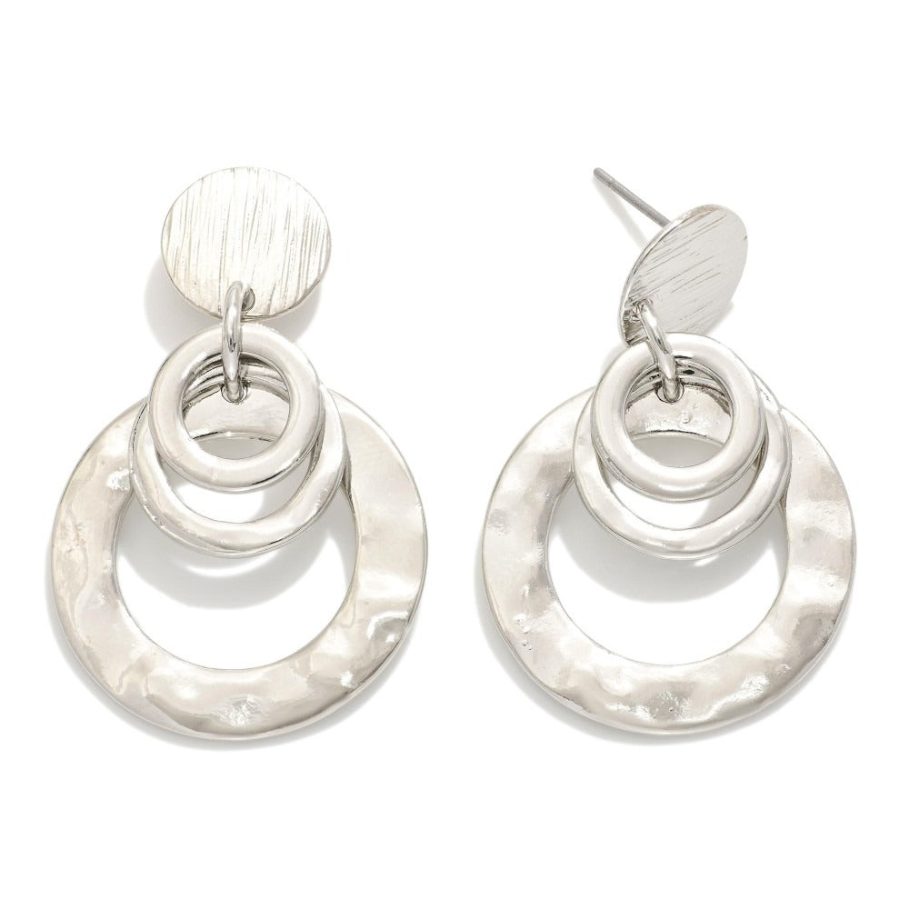 Metal Tone Linked Textured Circle Post Drop Earrings With Ring Detailing