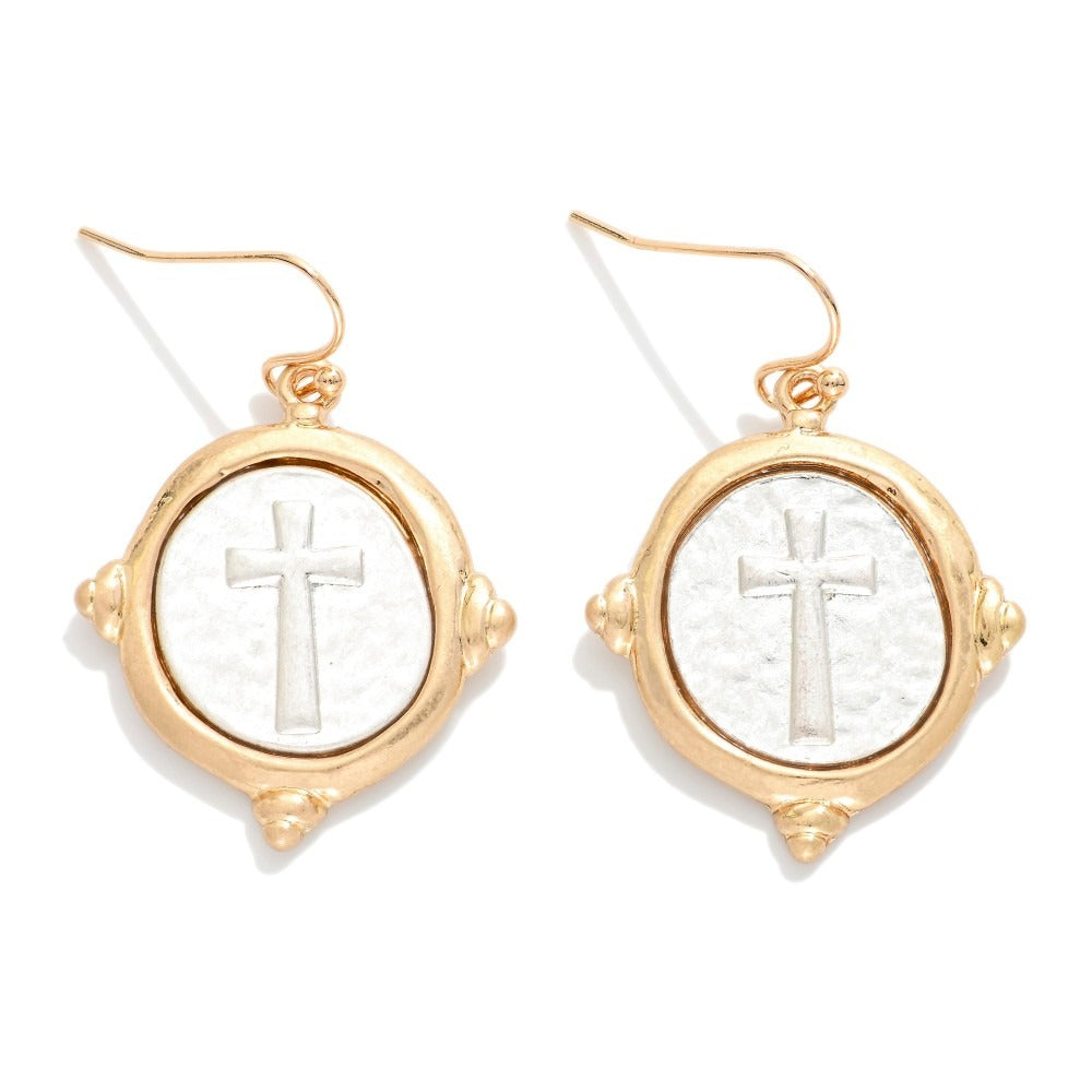 Hammered Two Tone Cross Circle Drop Earrings