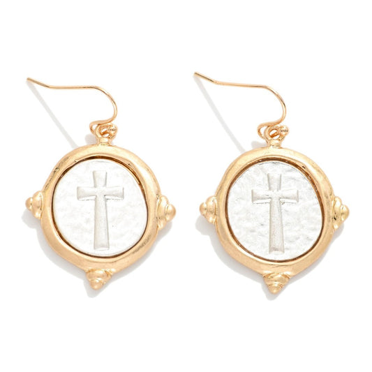 Hammered Two Tone Cross Circle Drop Earrings