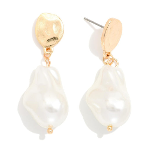 Hammered Metal & Pearl Drop Earrings