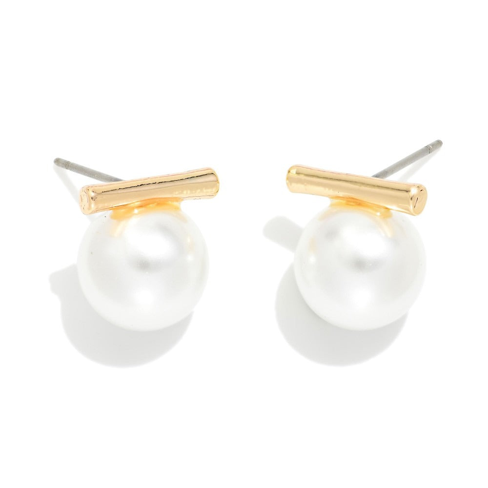 Gold Tone Bar & Pearl Stud Earrings