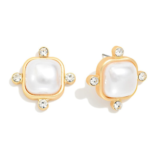 Square Pearl & Rhinestone Post Earrings