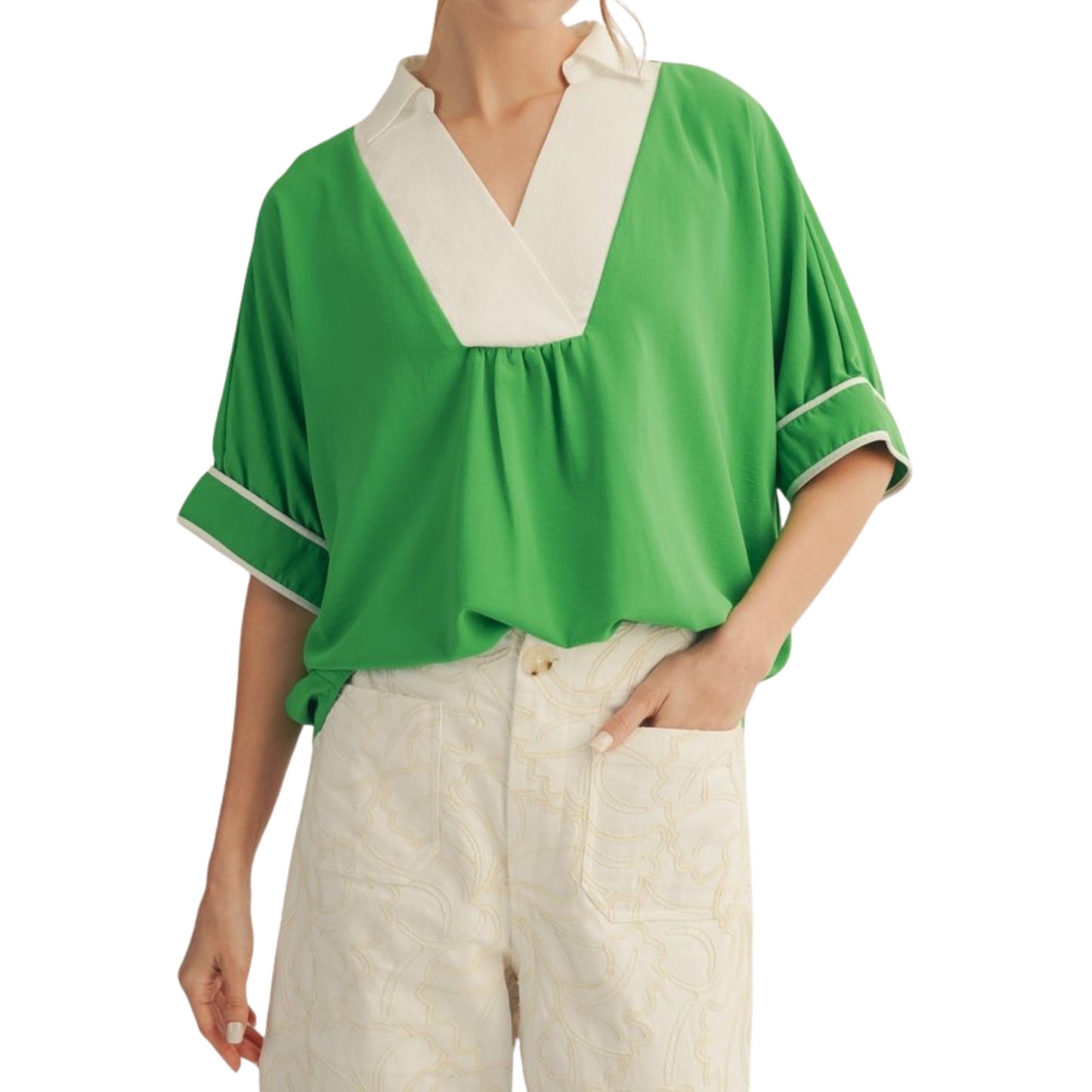 Drop Shoulder Crinkle Top with Color Contrast