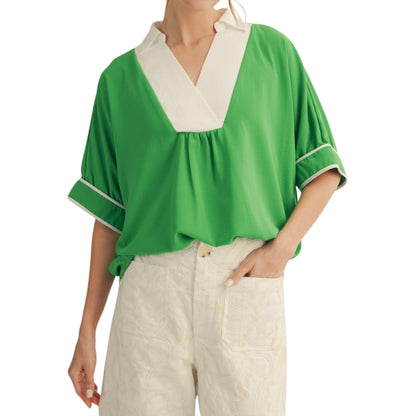Drop Shoulder Crinkle Top with Color Contrast