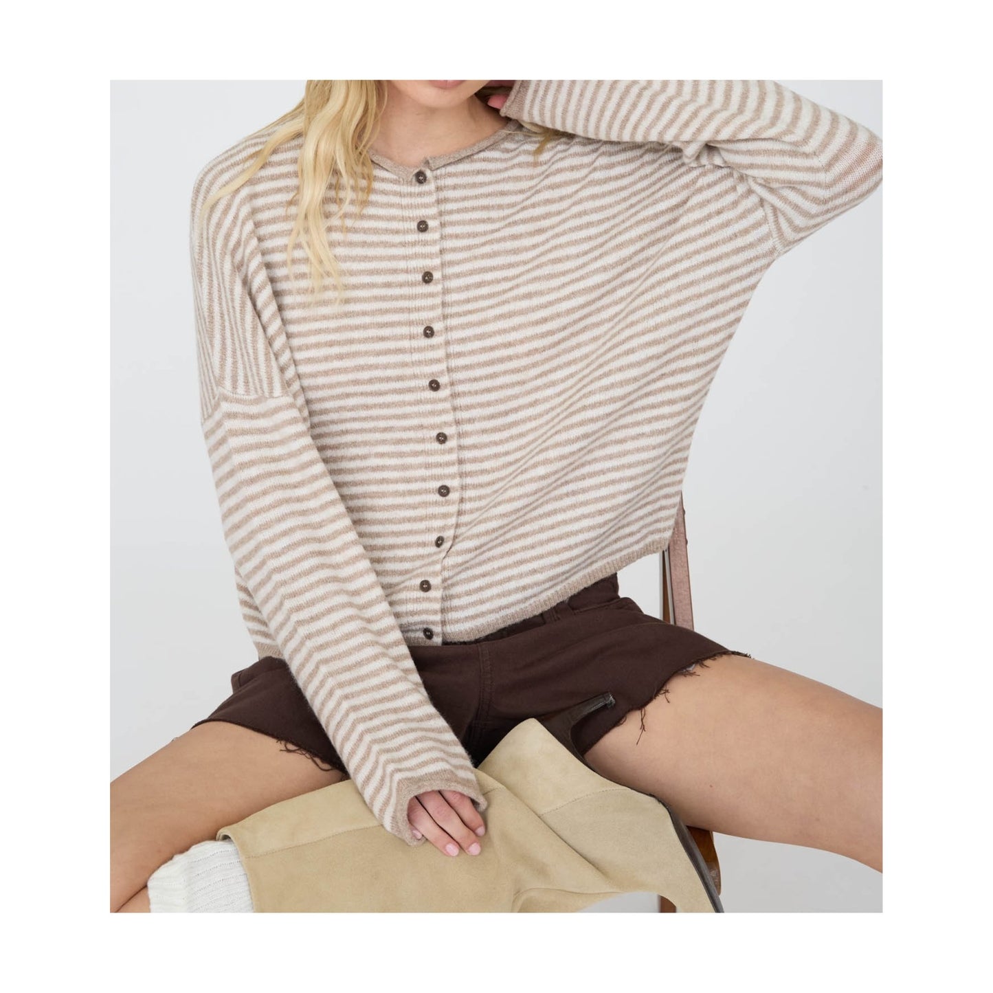 Raw Edge Striped Button-Down Sweater