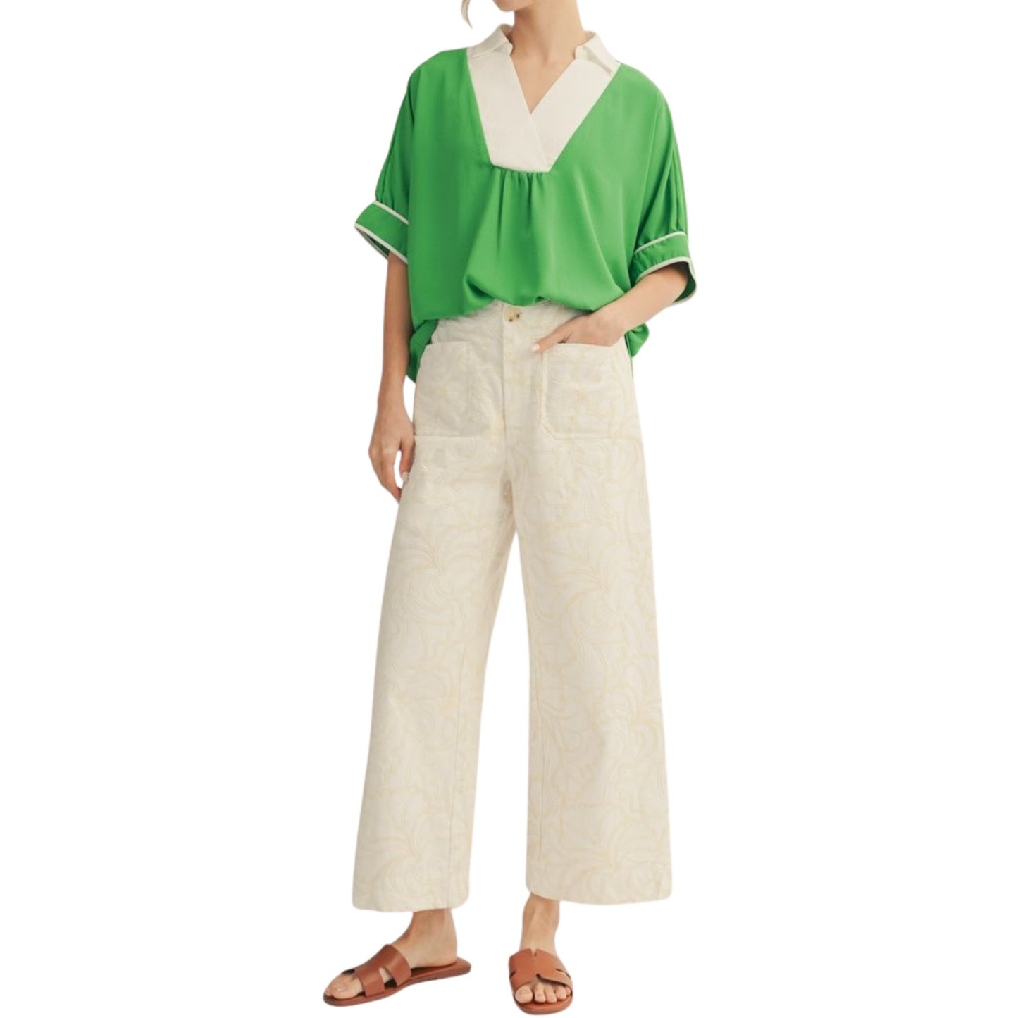 Drop Shoulder Crinkle Top with Color Contrast