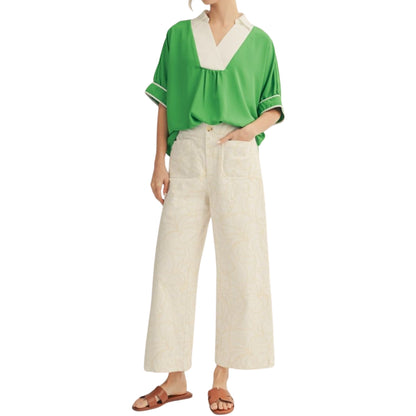 Drop Shoulder Crinkle Top with Color Contrast