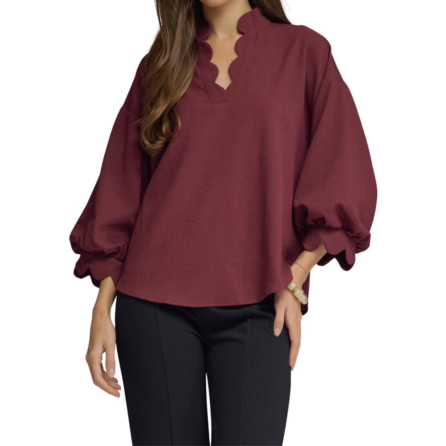 Scalloped Balloon Sleeve Blouse