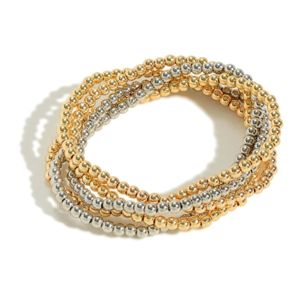 Set of Five Metal Tone Beaded Stretch Bracelets