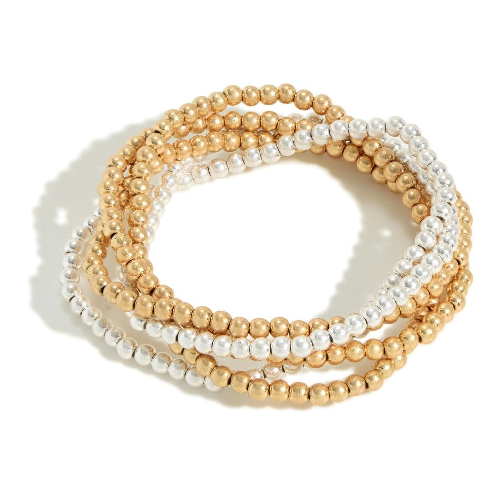 Set of Five Metal Tone Beaded Stretch Bracelets