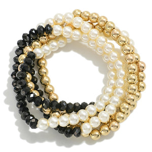 Set of Five Beaded Stretch Bracelets with Pearl Accents