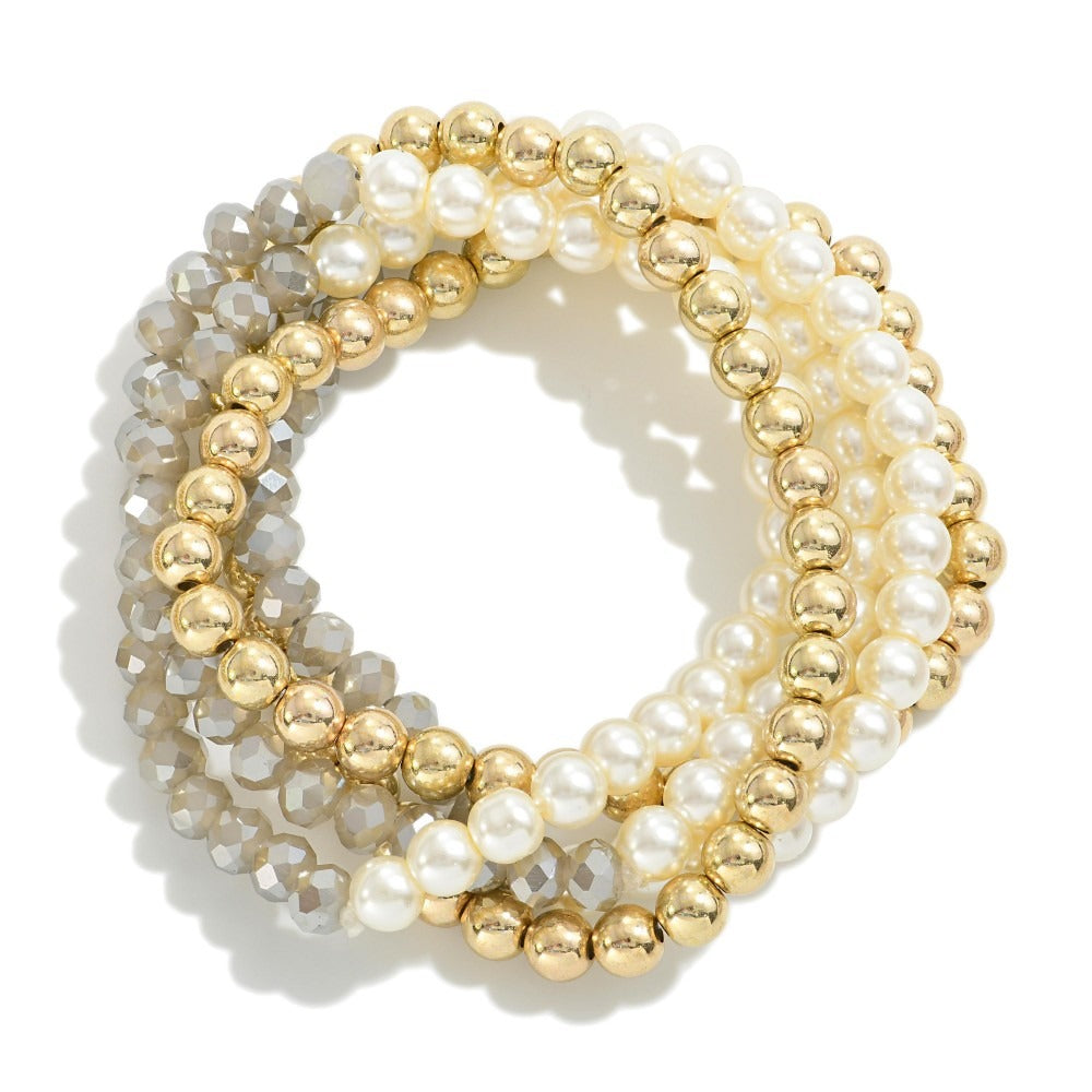 Set of Five Beaded Stretch Bracelets with Pearl Accents