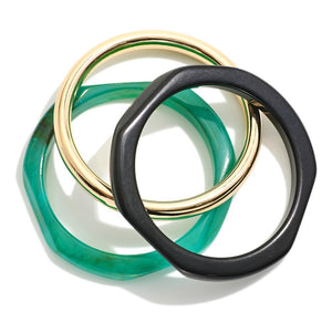 Set Of Three Metal Tone and Acrylic Bangle Bracelets