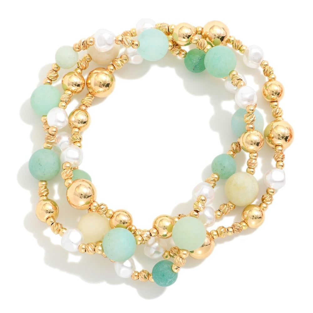 Set Of Three Beaded Stretch Bracelets w/Metal Tone , Stone, and Pearl Beads