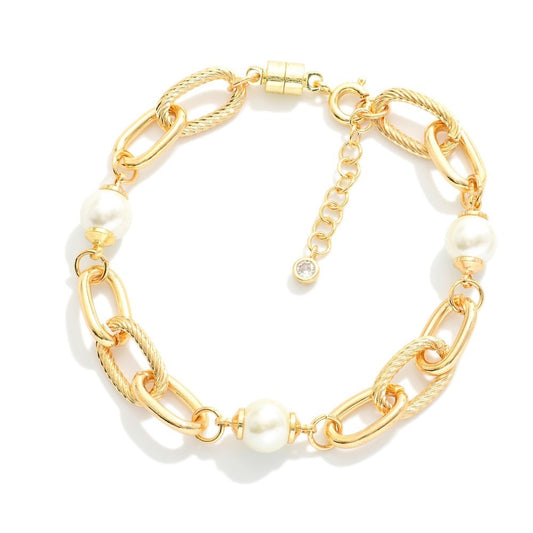 Magnetic Chain Link Bracelet Featuring Pearl Stations