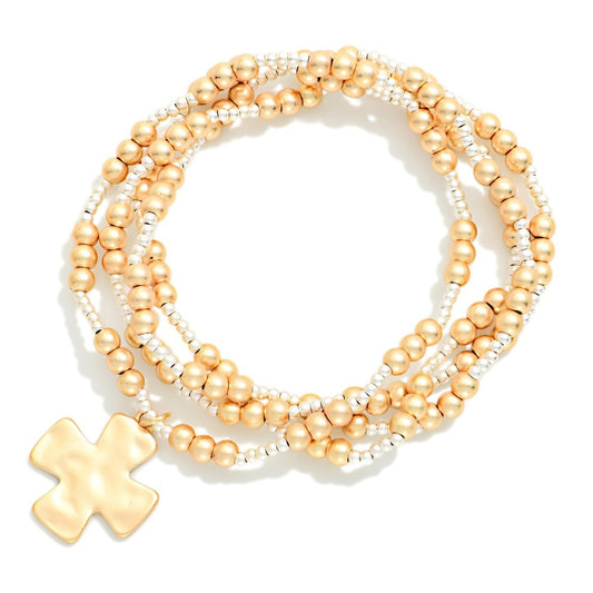Four-Piece Metallic Beaded Bracelet Set with Plus Cross Charm