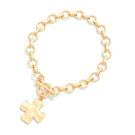 Hammered Cross Charm Chain Link Bracelet