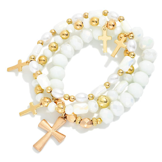 Beaded Stretch Bracelet Set with Cross Charms
