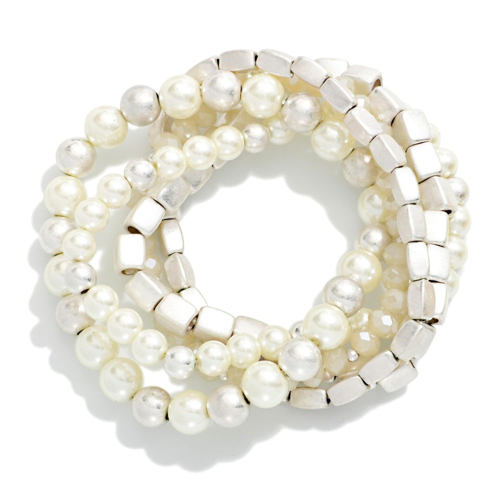 Stretch design bracelet featuring metal-tone and pearl, Mixed Metal Bead Bracelet Set