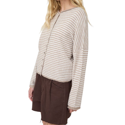 Raw Edge Striped Button-Down Sweater