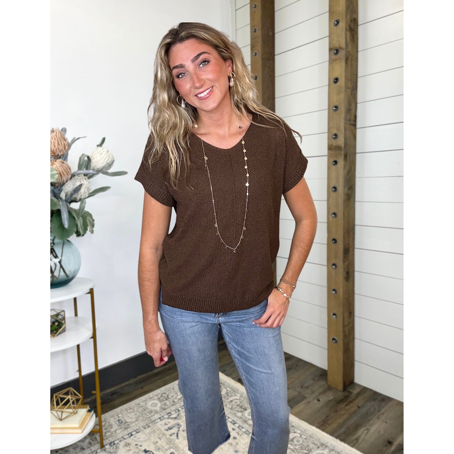 Short-sleeve sweater with knit and 100% polyester, Ember Knit Short Sleeve Sweater