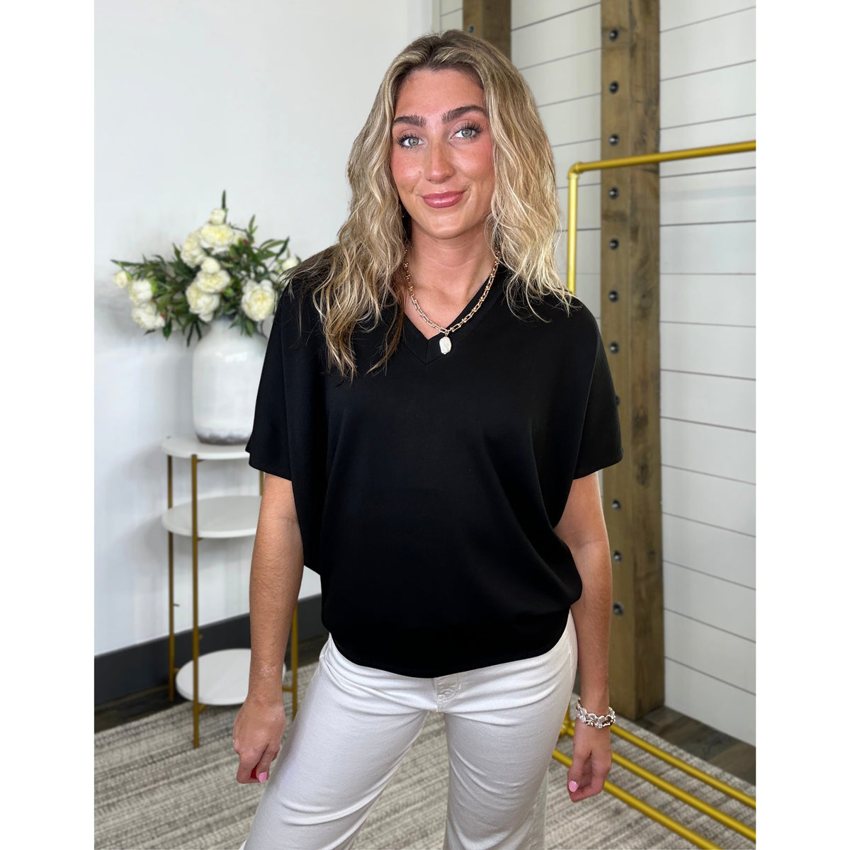 V-neck top featuring knit and relaxed-fit, Rave About It Top - Luxe SCUBA