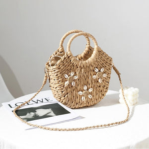 Woven Straw Tote Cross Body Bag with Cowrie Shell Flower Accents