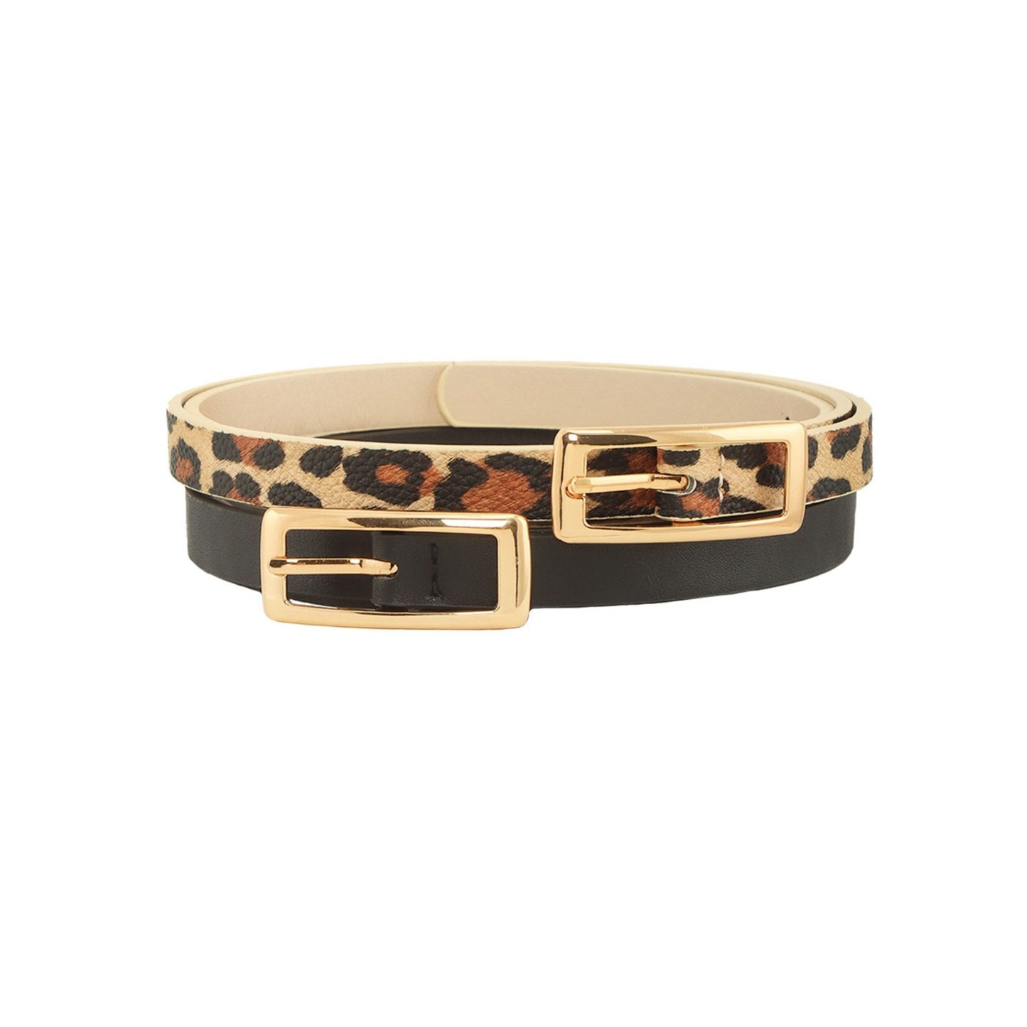 Belt with leopard print and gold buckle on a white background