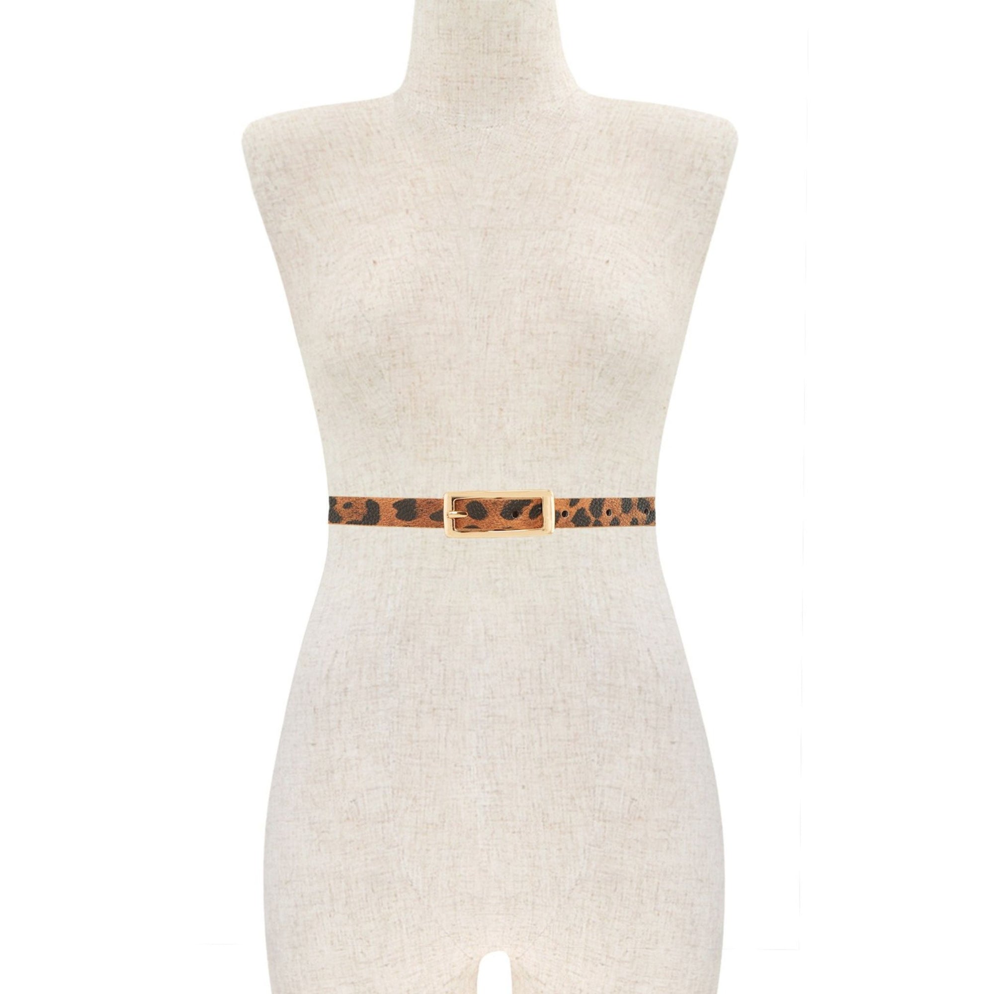 Belt with leopard print and gold buckle on a white background