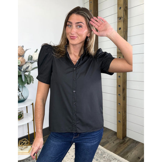 Button-front top — black and puff-sleeve, Know The Story Solid Top