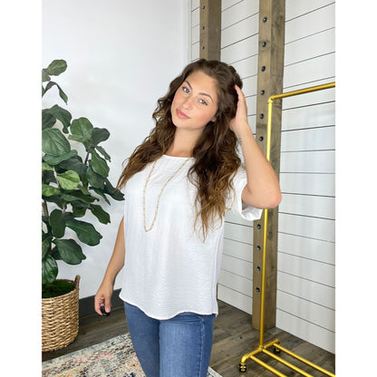 Short Permanent Rolled Sleeve Scoop Neck Blouse