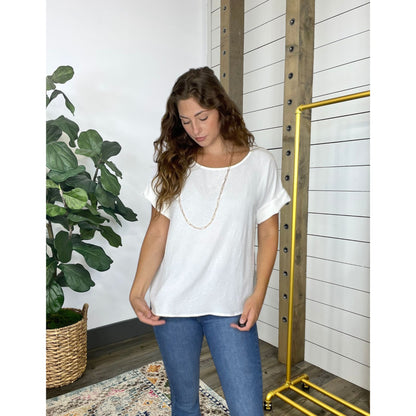 Short Permanent Rolled Sleeve Scoop Neck Blouse