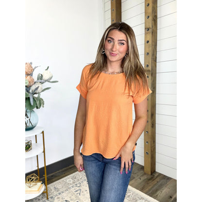 Short Permanent Rolled Sleeve Scoop Neck Blouse