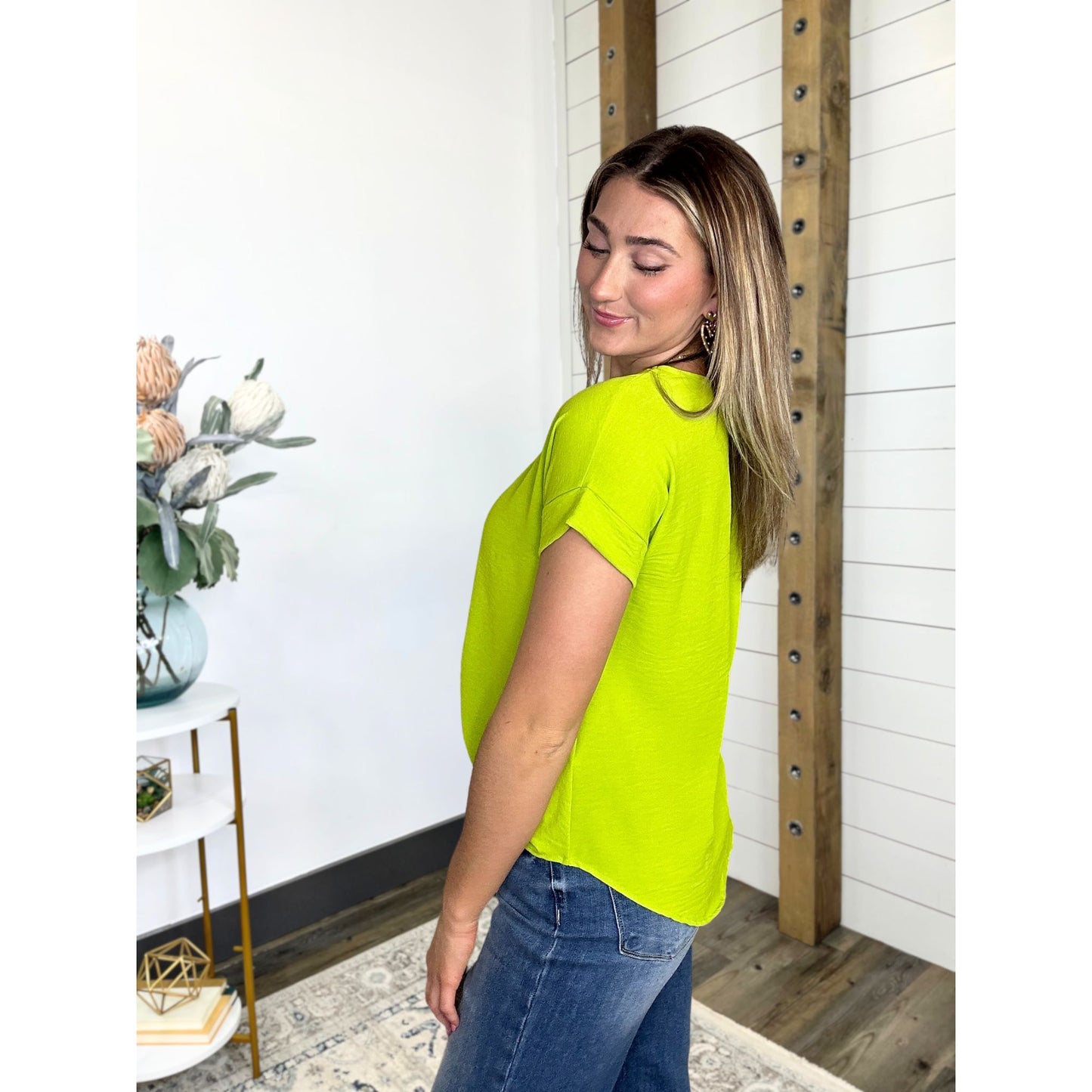 Short Permanent Rolled Sleeve Scoop Neck Blouse