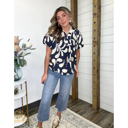 Navy Whisper Floral Slit Neck Blouse