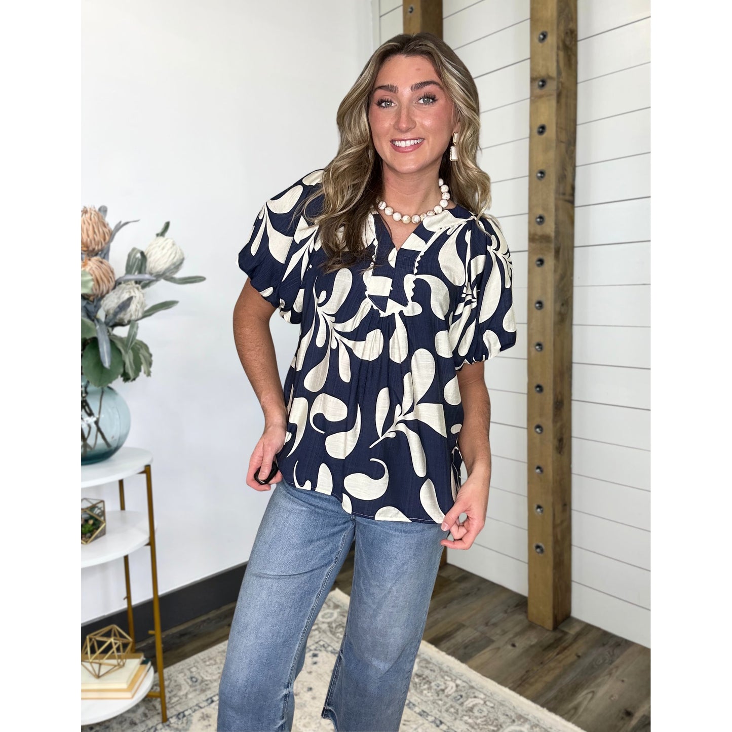 Navy Whisper Floral Slit Neck Blouse