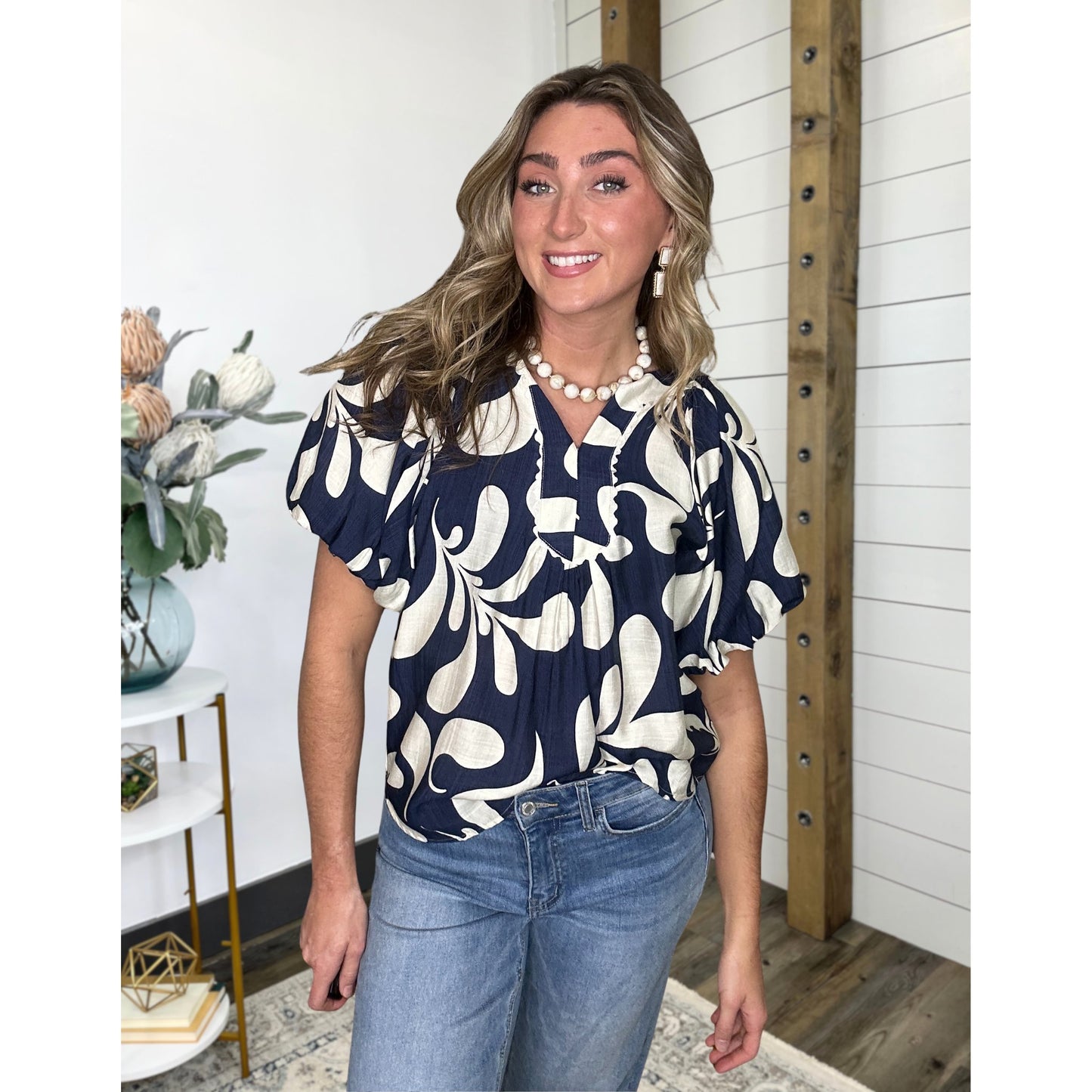 Navy Whisper Floral Slit Neck Blouse