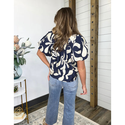 Navy Whisper Floral Slit Neck Blouse