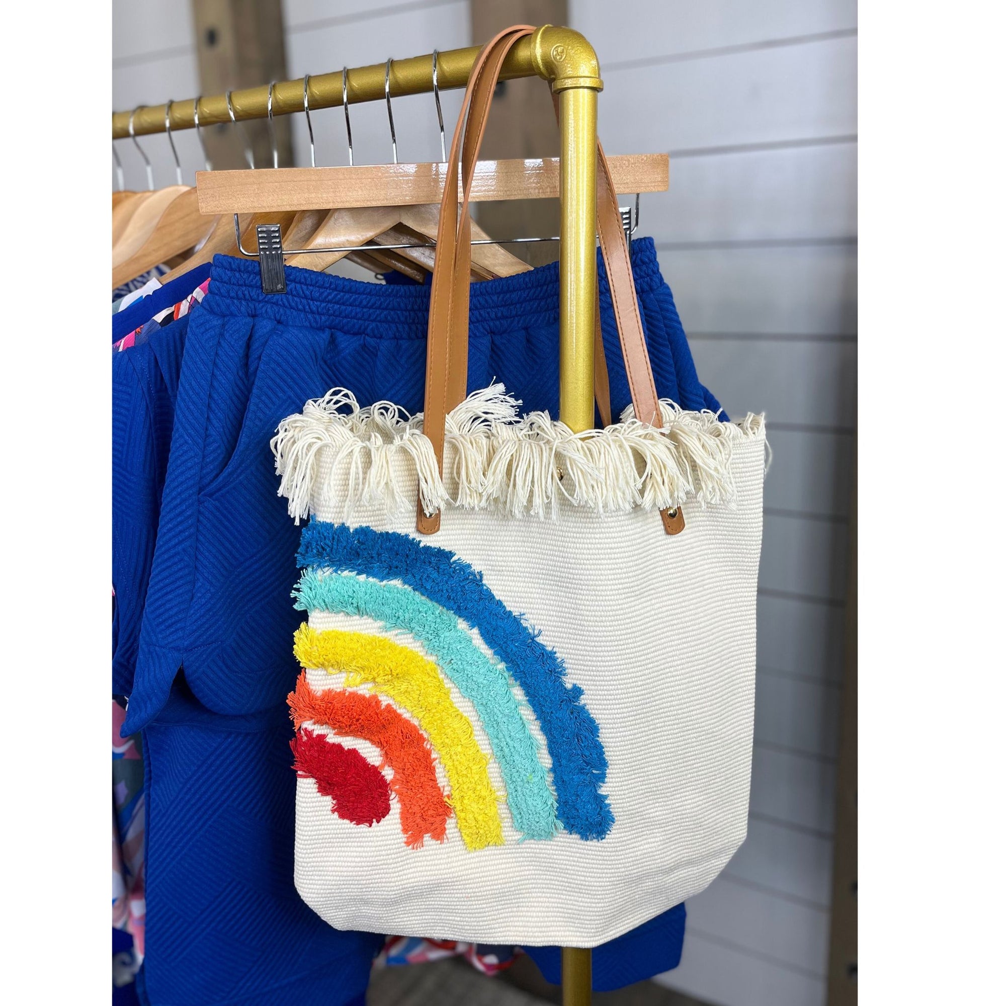 Pot Of Gold-Woven Straw Rainbow Embroidered Tote Bag
