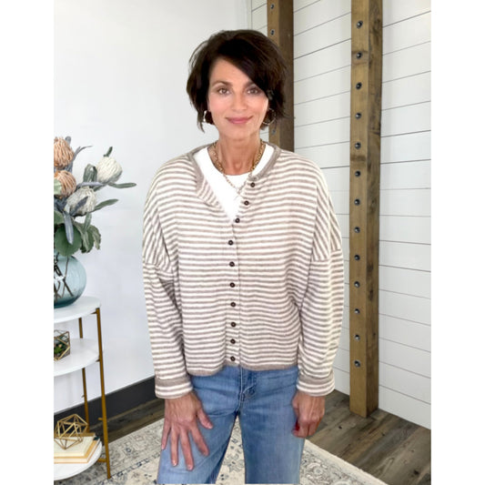 Raw Edge Striped Button-Down Sweater