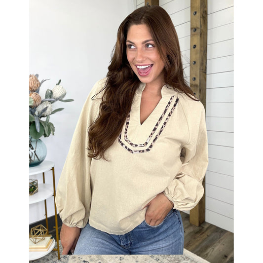 V-neck top — leopard-print and 100% cotton, Savannah Trim Top