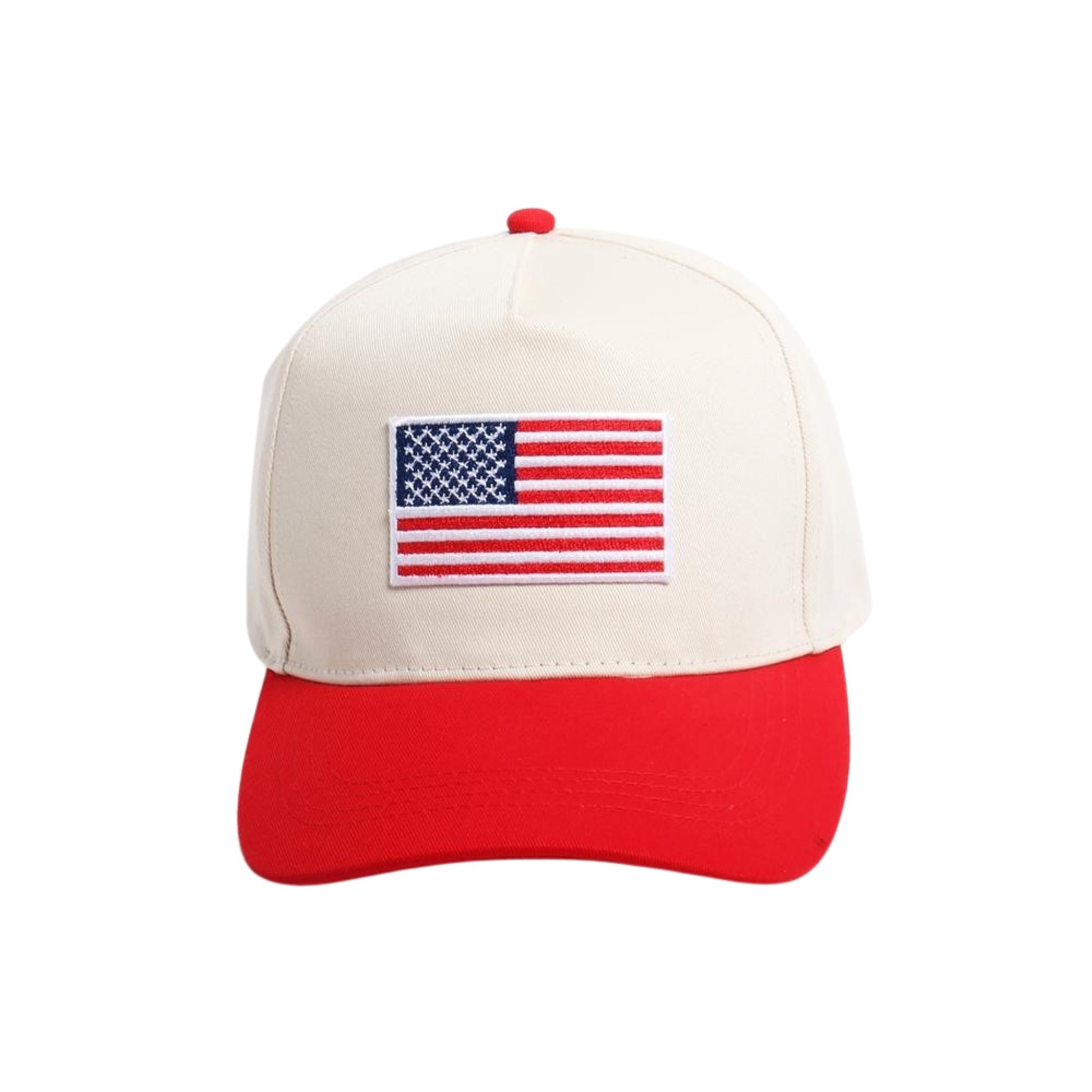wo-tone baseball hat with embroidered American flag patch for America 250 edition, showing stars and stripes design on black and red fabric.