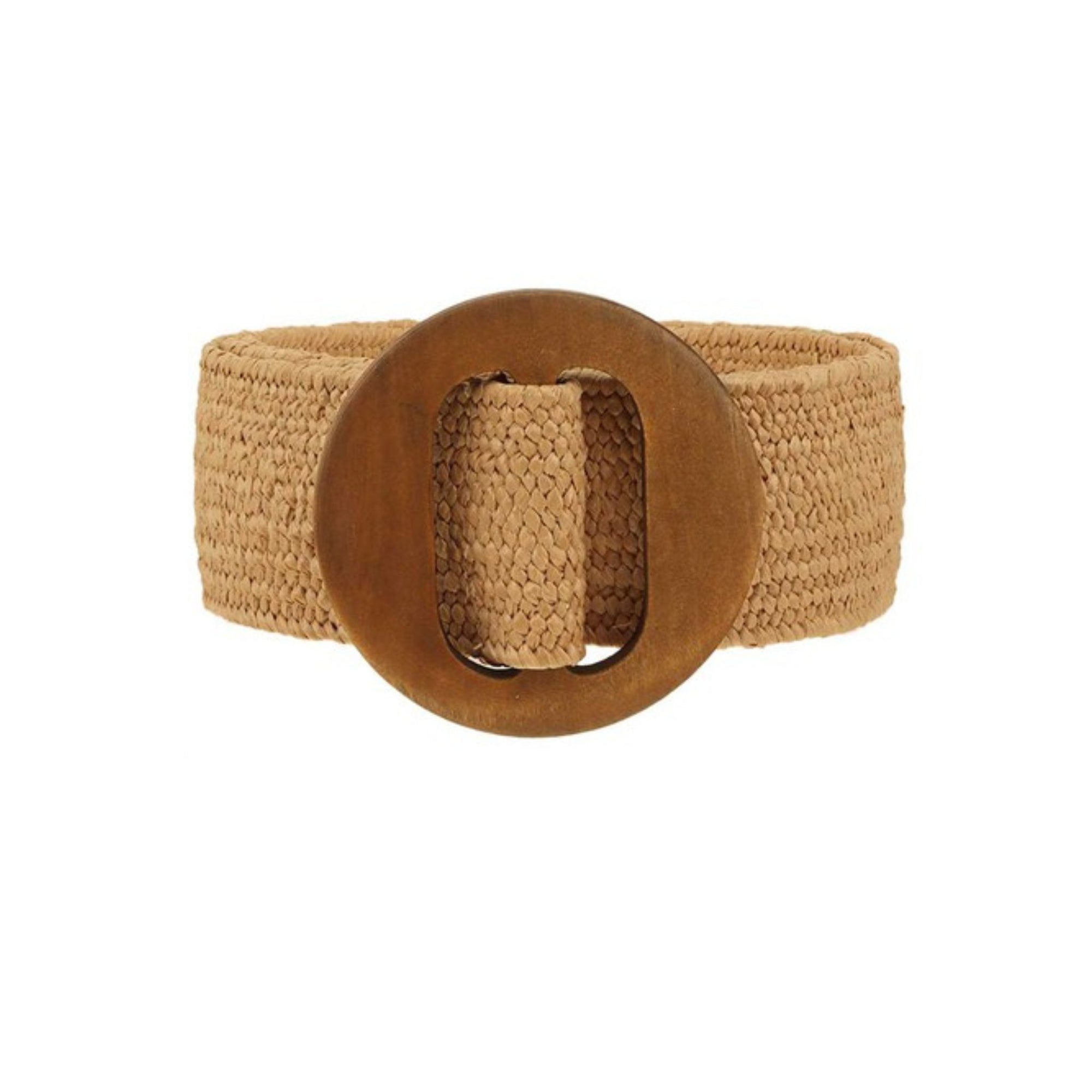 Elastic Straw Belt with Wood Buckle Accent