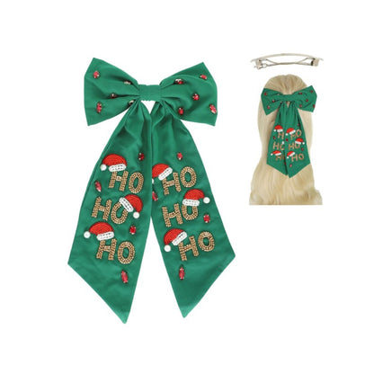 Christmas "HO HO HO" Lettering Seed Beaded, Pearl, and Gemstone Embroidered Bow Barrette