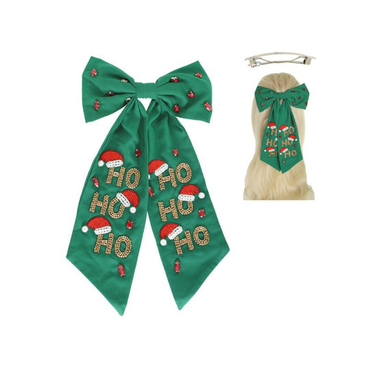 Christmas "HO HO HO" Lettering Seed Beaded, Pearl, and Gemstone Embroidered Bow Barrette