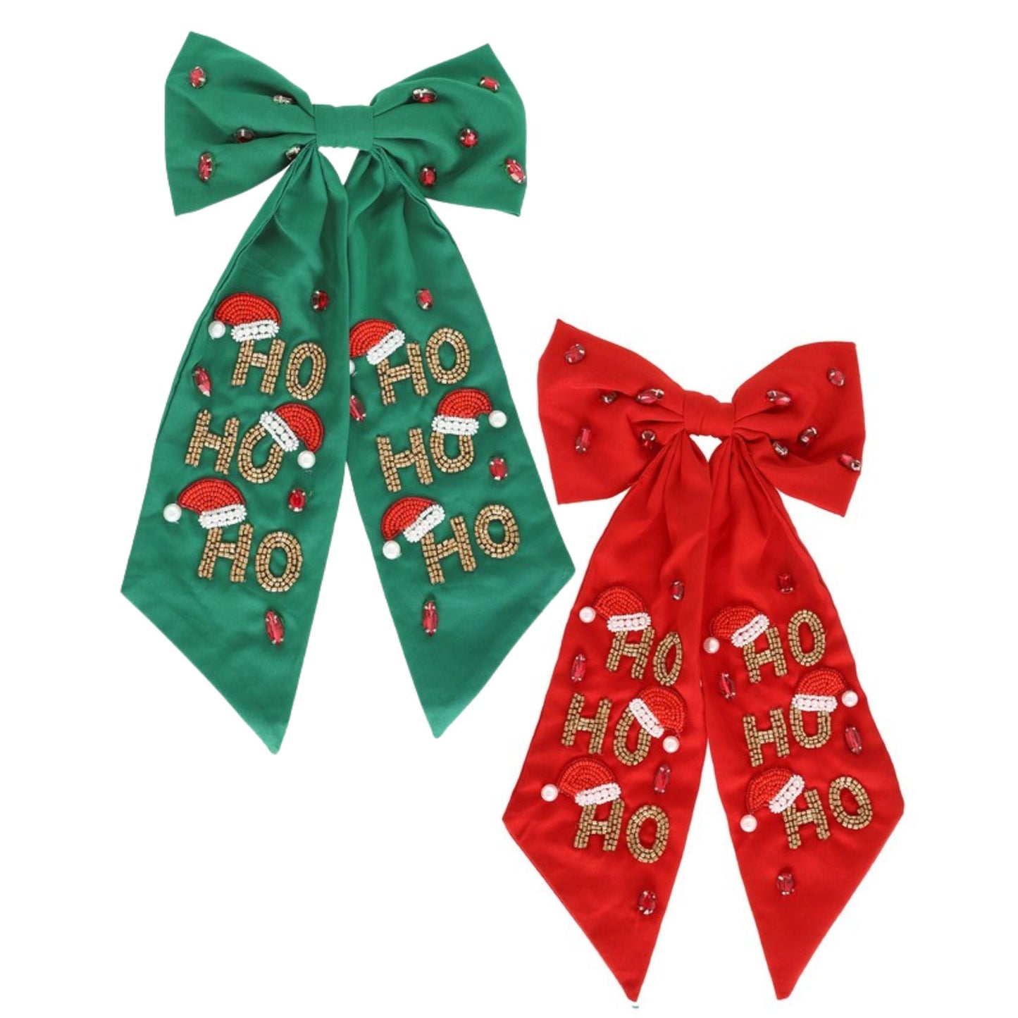 Christmas "HO HO HO" Lettering Seed Beaded, Pearl, and Gemstone Embroidered Bow Barrette