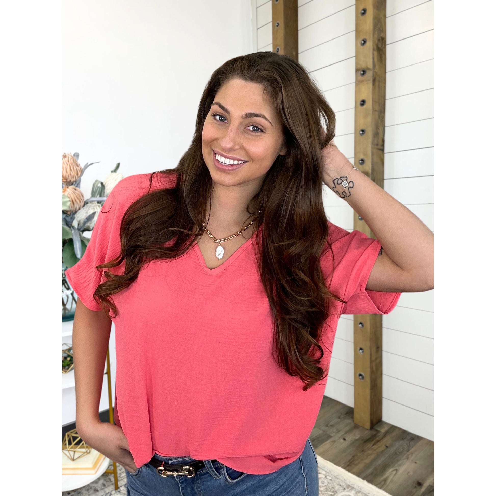 Short dolman-sleeve blouse featuring relaxed-fit and V-neck, DeAnn Blouse — image 22