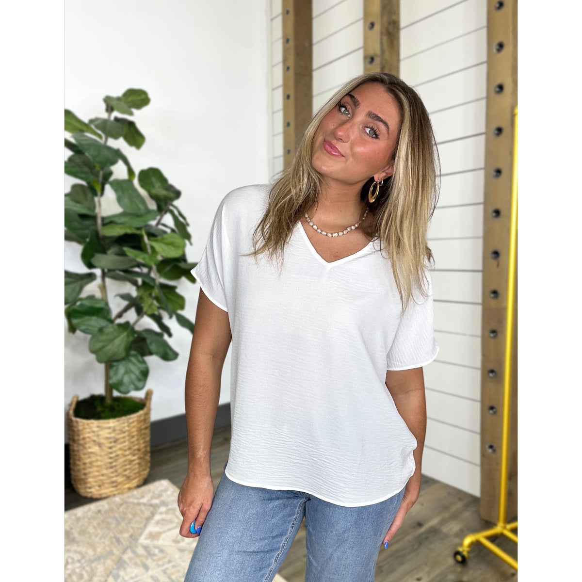 Short dolman-sleeve blouse finished with V-neck and relaxed-fit, DeAnn Blouse