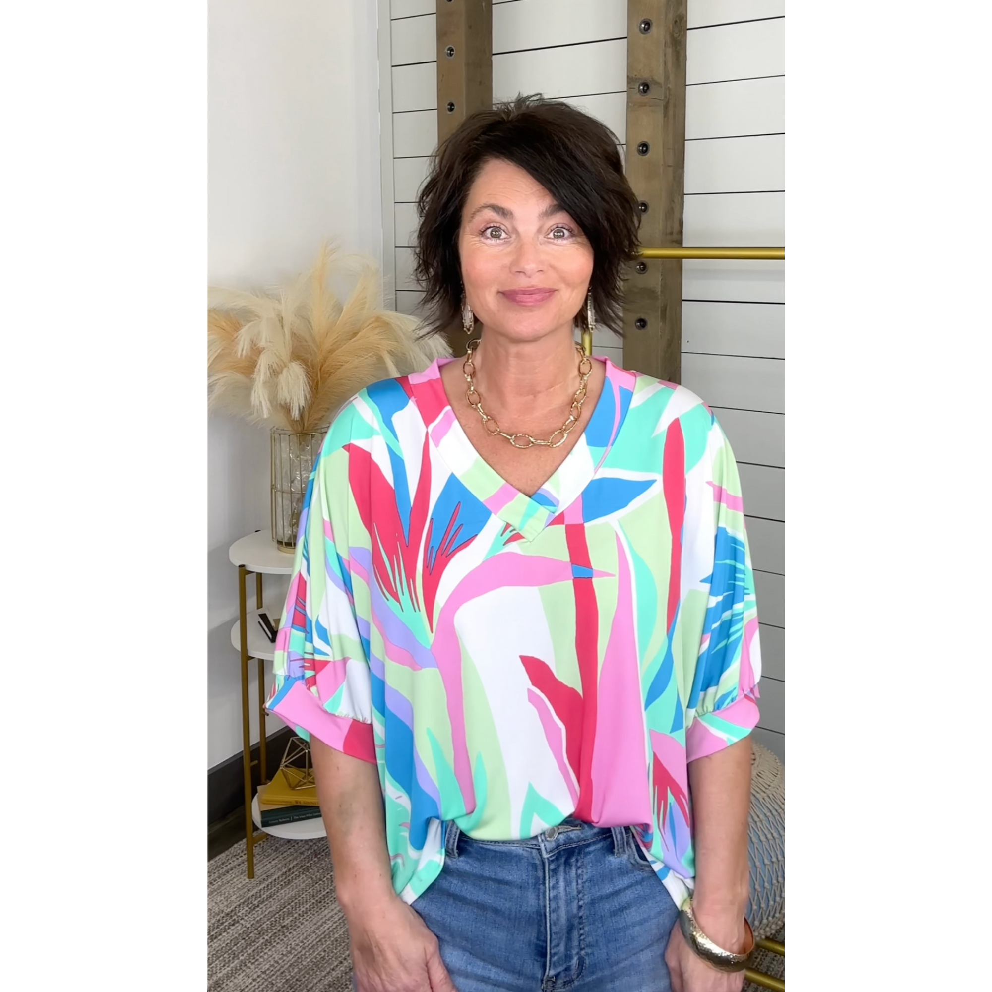 Double Take Tropical Print Oversize Top