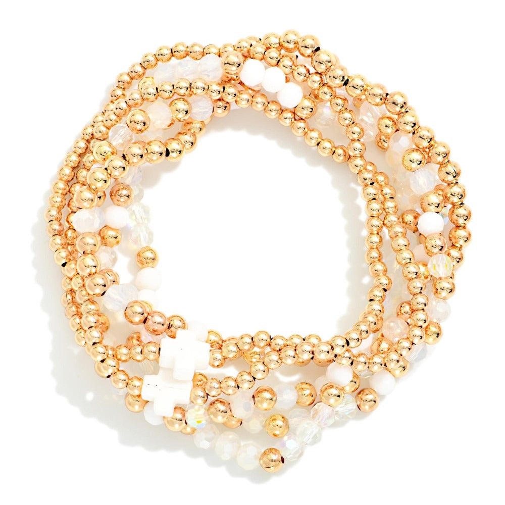 Faceted beads bracelet featuring cross detail and stretch design, Cross Station Bracelet Set